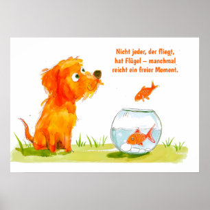 Watercolor Comic Dog and Goldfish Bowl Poster