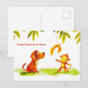 Watercolor Comic Dog and Monkey Want Banana Holiday Postcard