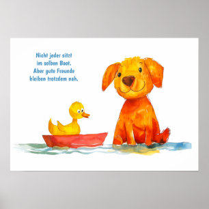 Watercolor Comic Dog Watching Duck in Boat Poster