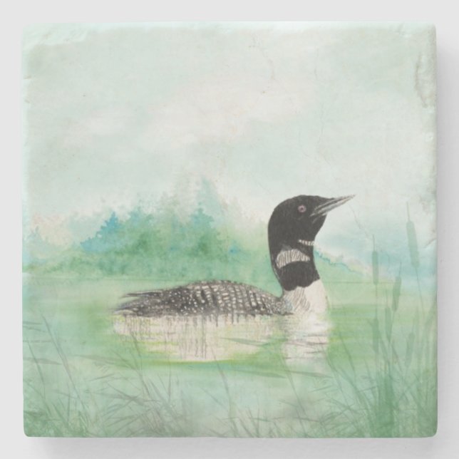 Watercolor Common Loon Bird Nature Art Stone Coaster (Front)