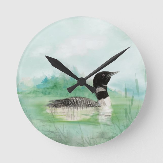 Watercolor Common Loon Nature Wilderness Bird Art Round Clock (Front)