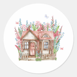 Watercolor composition of an old wooden farm house classic round sticker