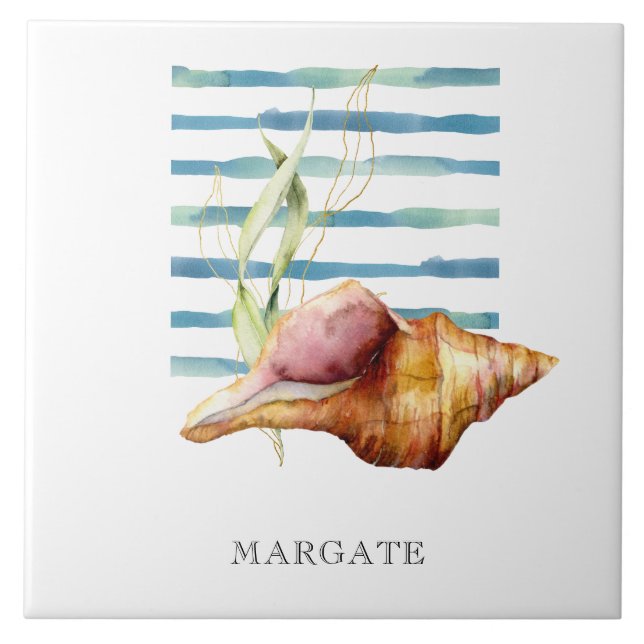 Watercolor CONCH SHELL Coastal Beach MARGATE  Tile (Front)