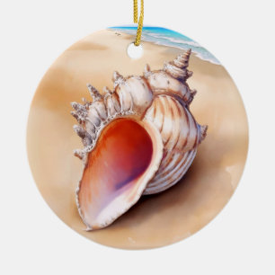 Watercolor Conch Shell on the Beach Ceramic Ornament