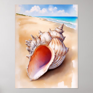  Watercolor Conch Shell on the Beach Poster