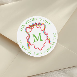 Watercolor Confetti Christmas Bow Monogram Crest Classic Round Sticker