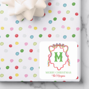 Watercolor Confetti Christmas Bow Monogram Crest Square Sticker