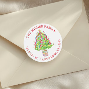 Watercolor Confetti Christmas Tree Return Address Classic Round Sticker