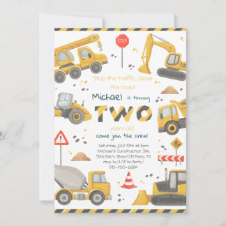 Watercolor Construction 2nd Birthday Party  Invitation
