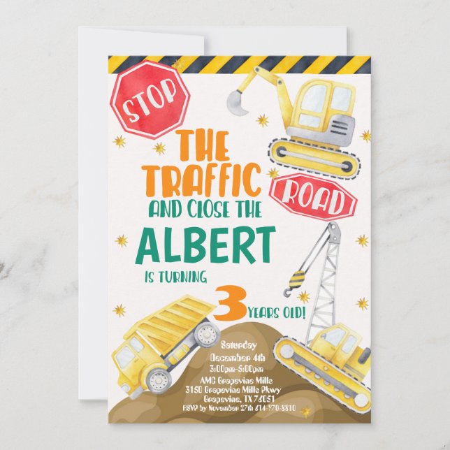 Watercolor Construction Birthday Invitation (Front)