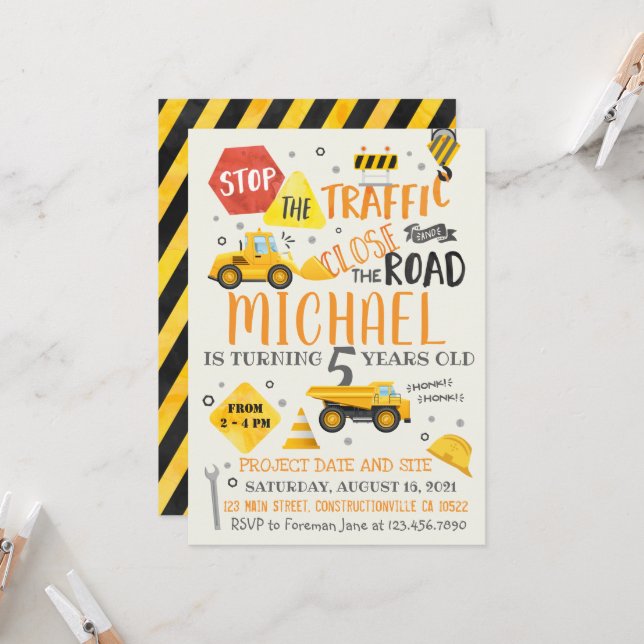 Watercolor Construction Birthday Invitation (Front/Back In Situ)