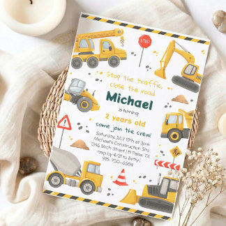 Watercolor Construction Birthday Party  Invitation