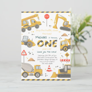 Watercolor Construction Birthday Party  Invitation