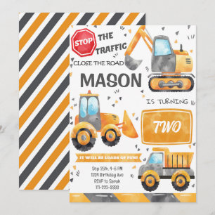 Watercolor Construction Camions Invitation Anniver