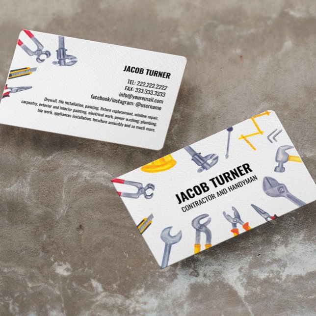 Watercolor Construction Handyman Carpenter Tools Business Card (Creator Uploaded)