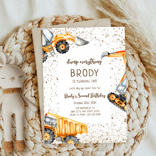 Watercolor Construction Truck 3rd Birthday Invitation