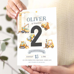 Watercolor Construction Trucks 3rd Birthday Invitation