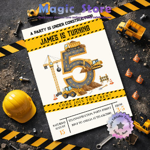 Watercolor Construction Trucks 5h Birthday Party Invitation