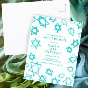Watercolor Cool Aqua Star of David Bar Bat Mitzvah Announcement Postcard