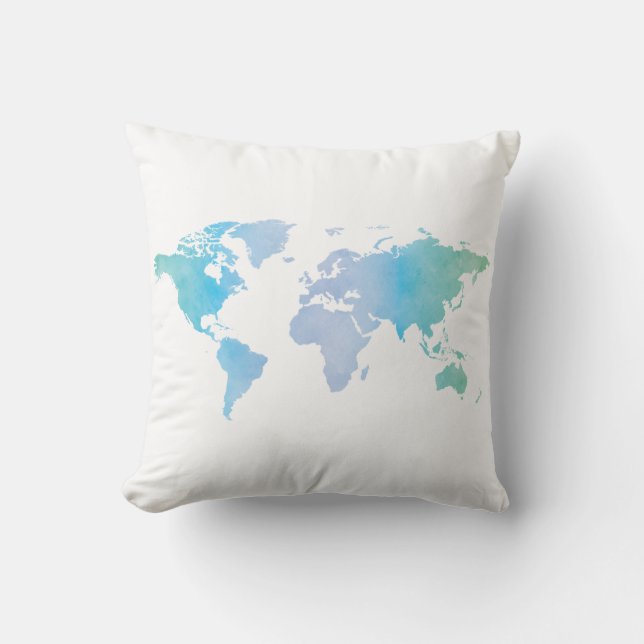 Watercolor Cool World Map Throw Pillow (Front)