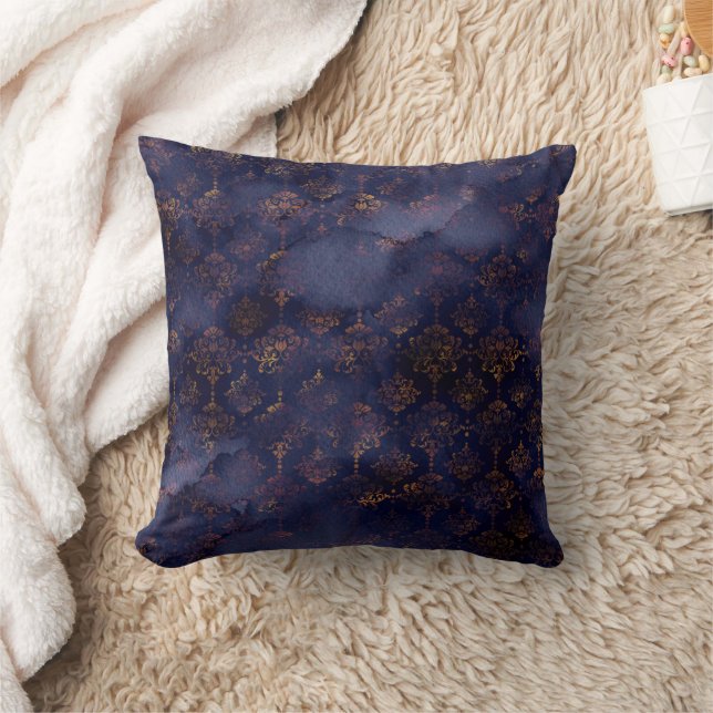 Watercolor Copper Patina Damask Pattern  Throw Pillow (Blanket)
