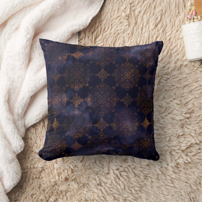 Watercolor Copper Patina Damask Pattern  Throw Pillow (Blanket)
