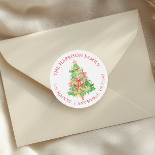 Watercolor Coquette Bows Christmas Tree Address Classic Round Sticker