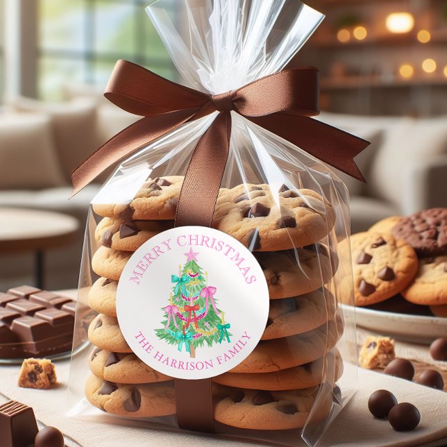 Watercolor Coquette Bows Christmas Tree Classic Round Sticker (Creator Uploaded)