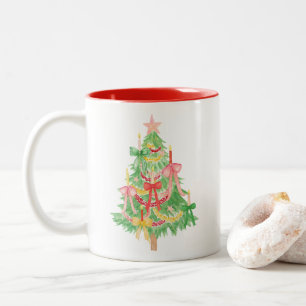 Watercolor Coquette Bows Christmas Tree Two-Tone Coffee Mug