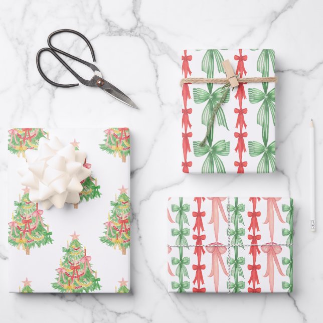 Watercolor Coquette Bows Christmas Tree Wrapping Paper Sheet (Front)