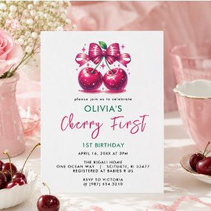 Watercolor Coquette Cherry 1st Birthday Invitation