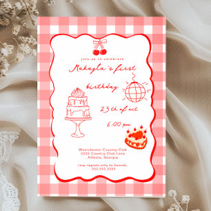 Watercolor Coquette Cherry First 1st Birthday  Invitation