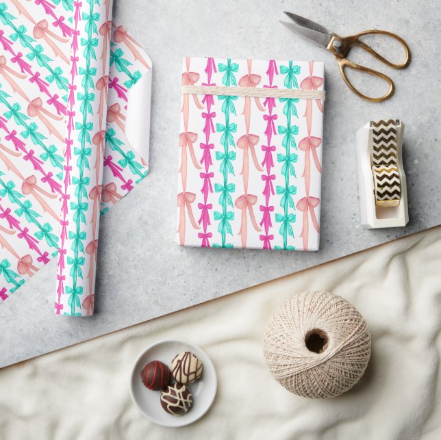 Watercolor Coquette Turquoise & Pink Bows Wrapping Paper (Crafts)