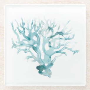 Watercolor Coral - Blue Glass Coaster