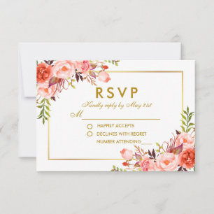 Watercolor Coral Floral Gold RSVP Wedding