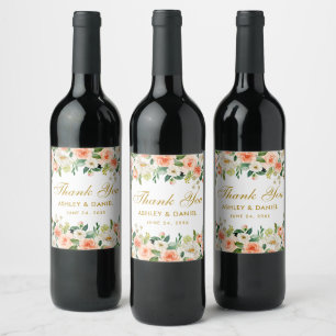 Watercolor Coral Floral Gold Wedding Wine Label