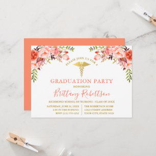 Watercolor Coral Floral Medical Graduation Party Invitation