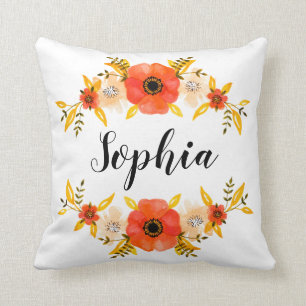 Watercolor Coral Floral Wreath Custom Name Throw Pillow