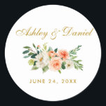 Watercolor Coral Gold Floral Wedding Classic Round Sticker<br><div class="desc">Watercolor Coral Gold Floral Wedding Stickers</div>