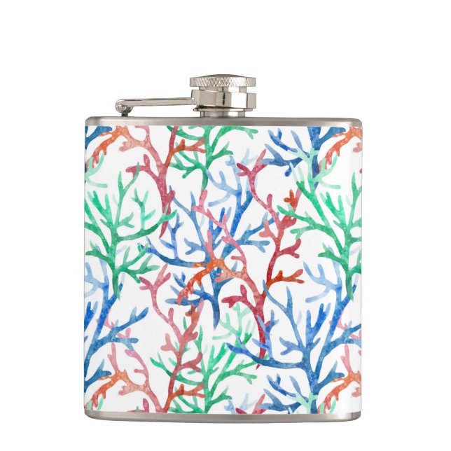 Watercolor Coral Pattern Hip Flask (Front)