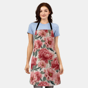 Watercolor Coral Peony Cream Floral Pattern Apron