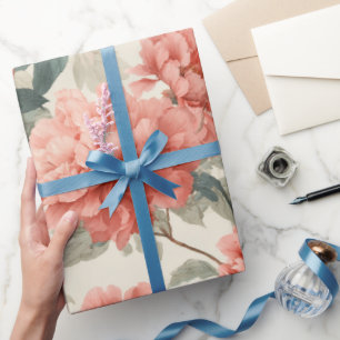 Watercolor Coral Peony Cream Floral Pattern Wrapping Paper