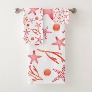 Watercolor Coral Red Sea Creature Seamless Pattern Bath Towel Set