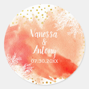 Watercolor, coral reef, gold confetti wedding classic round sticker