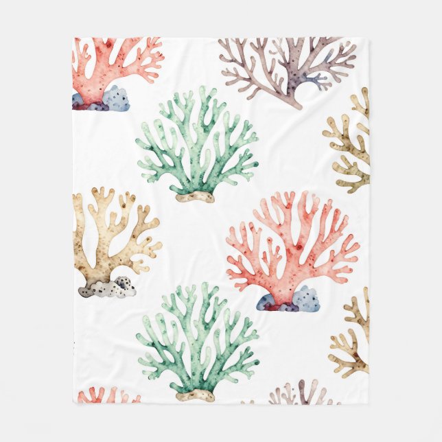 Watercolor Coral Reef Pattern Fleece Blanket (Front)