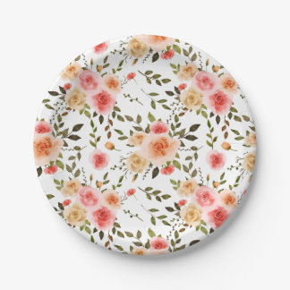 Watercolor Coral Rose Floral Pattern Paper Plate