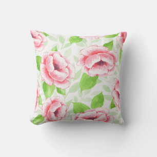 Watercolor Coral Rose - Romantic Floral Throw Pillow