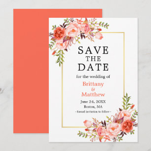 Watercolor Coral Roses Floral Save The Date