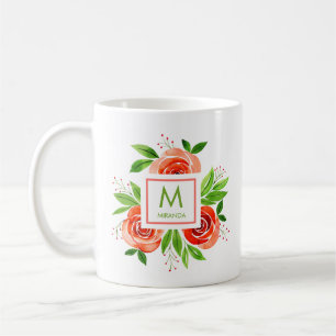 Watercolor Coral Roses Personalized Monogram Coffee Mug