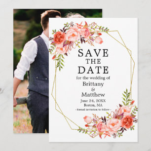 Watercolor Coral Roses Photo Geo Frame  Save The Date